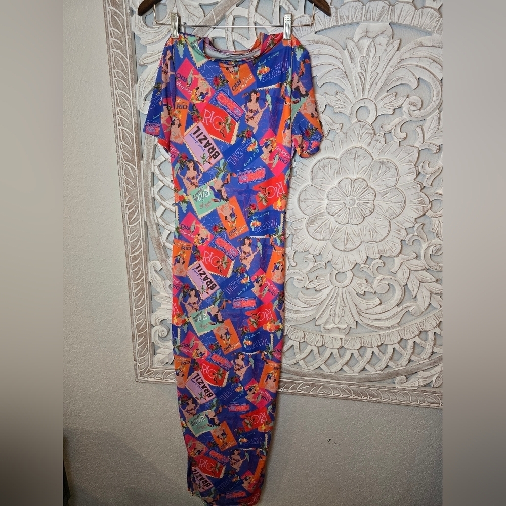 Peppermayo Brazil Print Bright Blue and Orange Bodycon Summer Maxi Dress Size 2